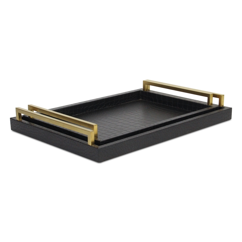 Pemberly Row Faux Croco Vinyl Tray Set with Gold Handles in Black