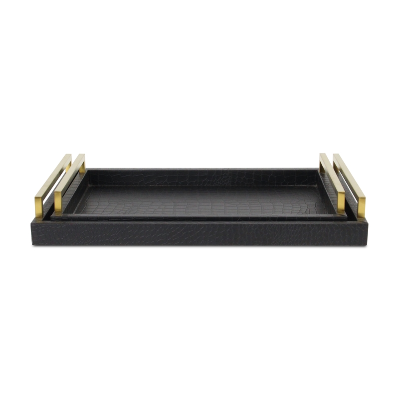 Pemberly Row Faux Croco Vinyl Tray Set with Gold Handles in Black