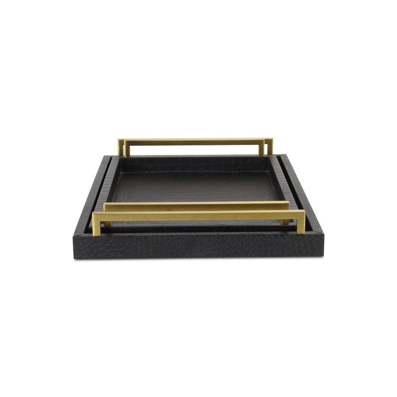 Pemberly Row Faux Croco Vinyl Tray Set with Gold Handles in Black