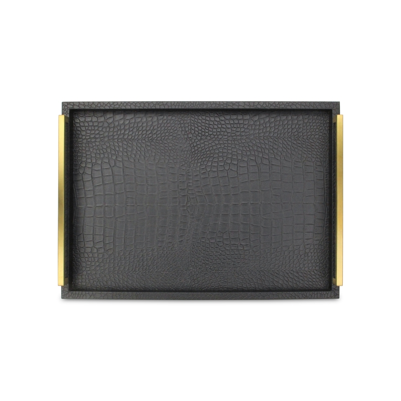 Pemberly Row Faux Croco Vinyl Tray Set with Gold Handles in Black