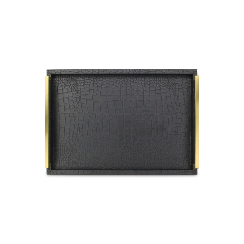 Pemberly Row Faux Croco Vinyl Tray Set with Gold Handles in Black