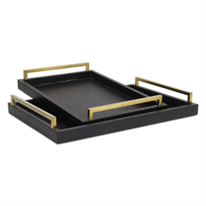 Pemberly Row Faux Croco Vinyl Tray Set with Gold Handles in Black