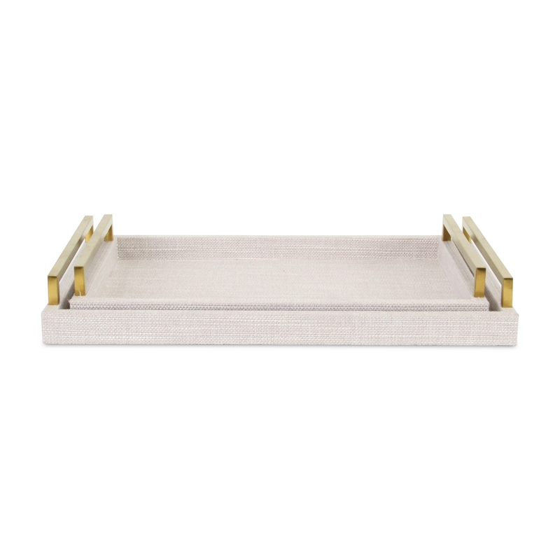 Pemberly Row Linen and Wood Tray Set with Gold Handles in Dark White