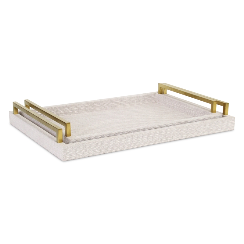Pemberly Row Linen and Wood Tray Set with Gold Handles in Dark White