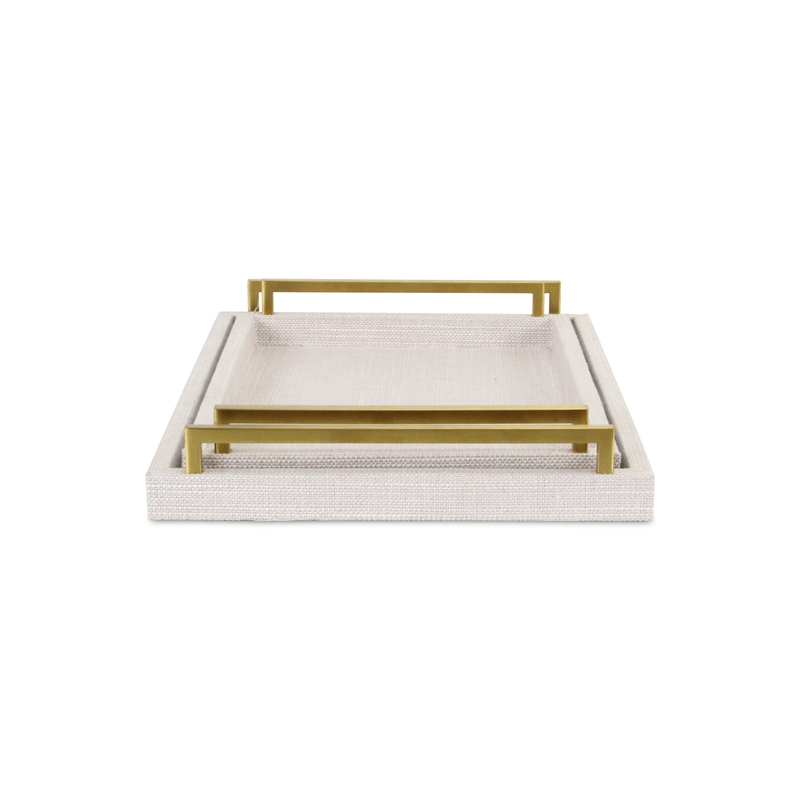Pemberly Row Linen and Wood Tray Set with Gold Handles in Dark White