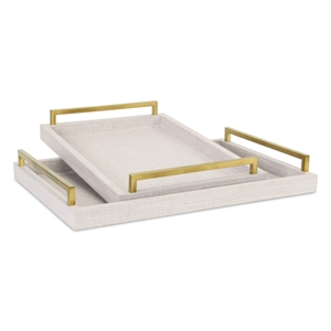 Pemberly Row Linen and Wood Tray Set with Gold Handles in Dark White