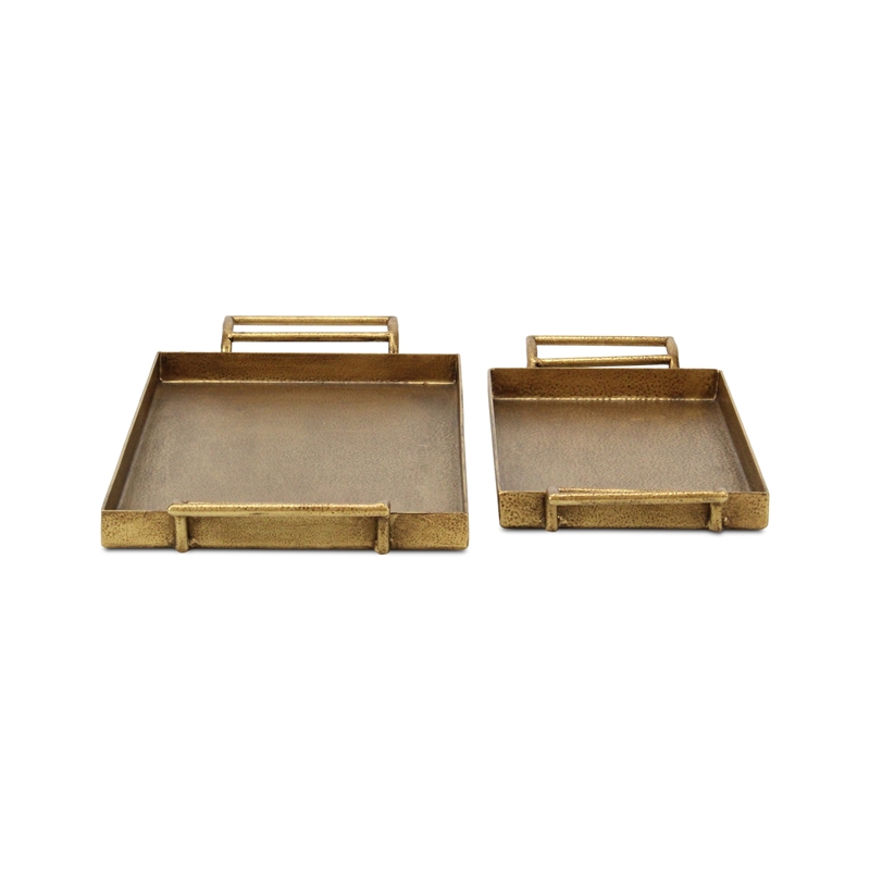 Pemberly Row 2 Piece Gold Cast Iron Tray Set with Dotted Pattern