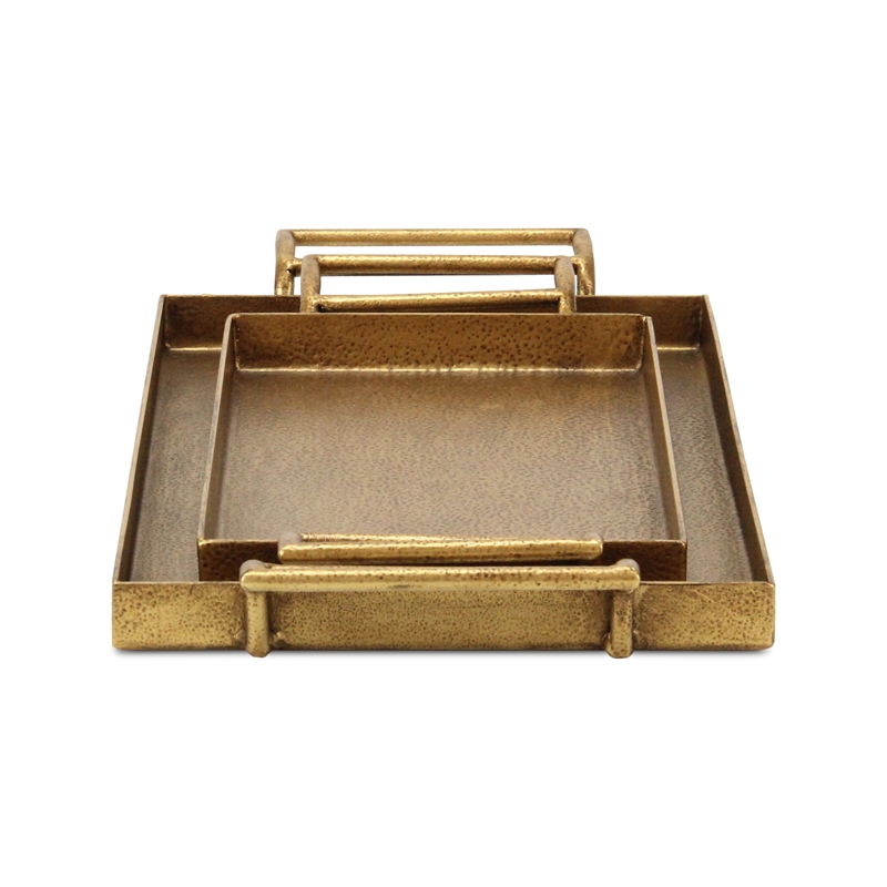 Pemberly Row 2 Piece Gold Cast Iron Tray Set with Dotted Pattern