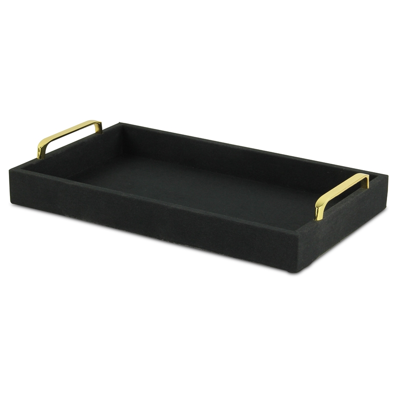Pemberly Row Engineered Wood Linen Tray in Black with Gold Handles