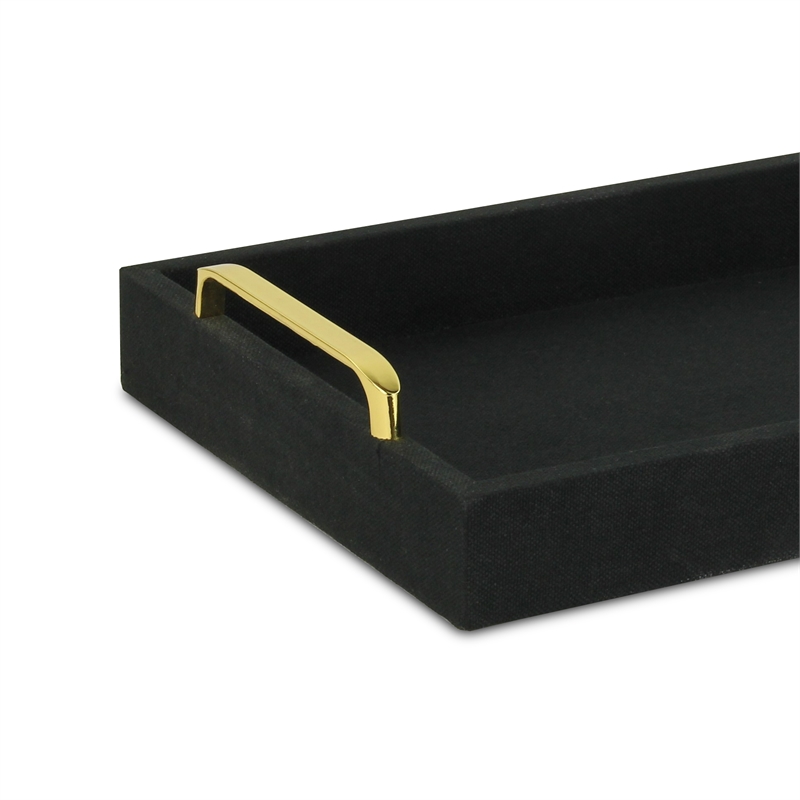 Pemberly Row Engineered Wood Linen Tray in Black with Gold Handles