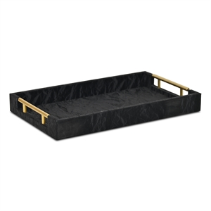 Pemberly Row 15.75&quot Crinkled Gloss Vinyl Tray in Black with Gold Handles