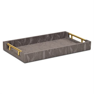 Pemberly Row 15.75&quot Crinkled Gloss Vinyl Tray in Dark Gray with Gold Handles