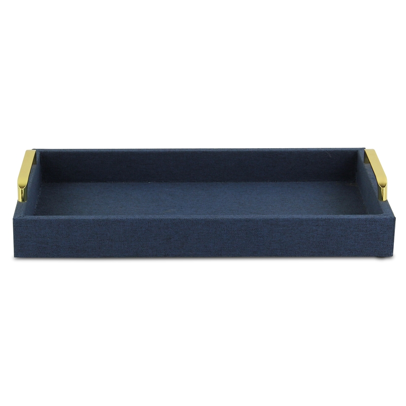 Pemberly Row Engineered Wood Linen Tray in Navy Blue with Gold Handles