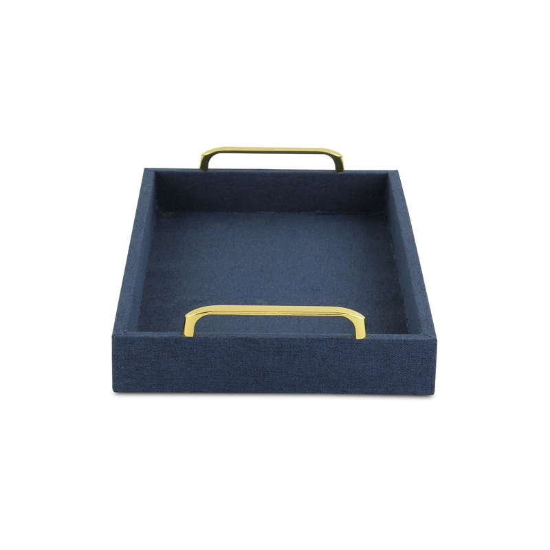Pemberly Row Engineered Wood Linen Tray in Navy Blue with Gold Handles