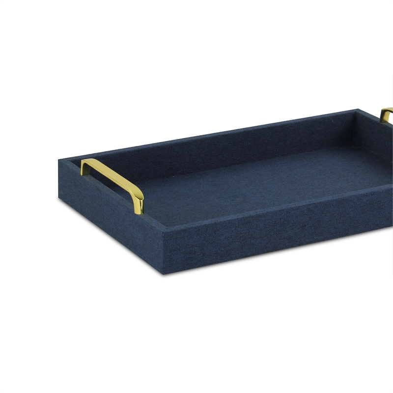 Pemberly Row Engineered Wood Linen Tray in Navy Blue with Gold Handles