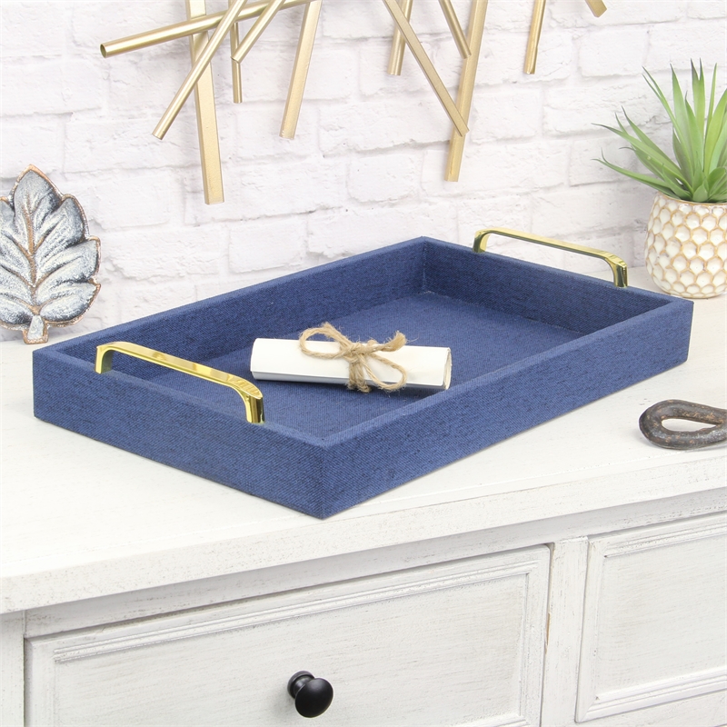 Pemberly Row Engineered Wood Linen Tray in Navy Blue with Gold Handles