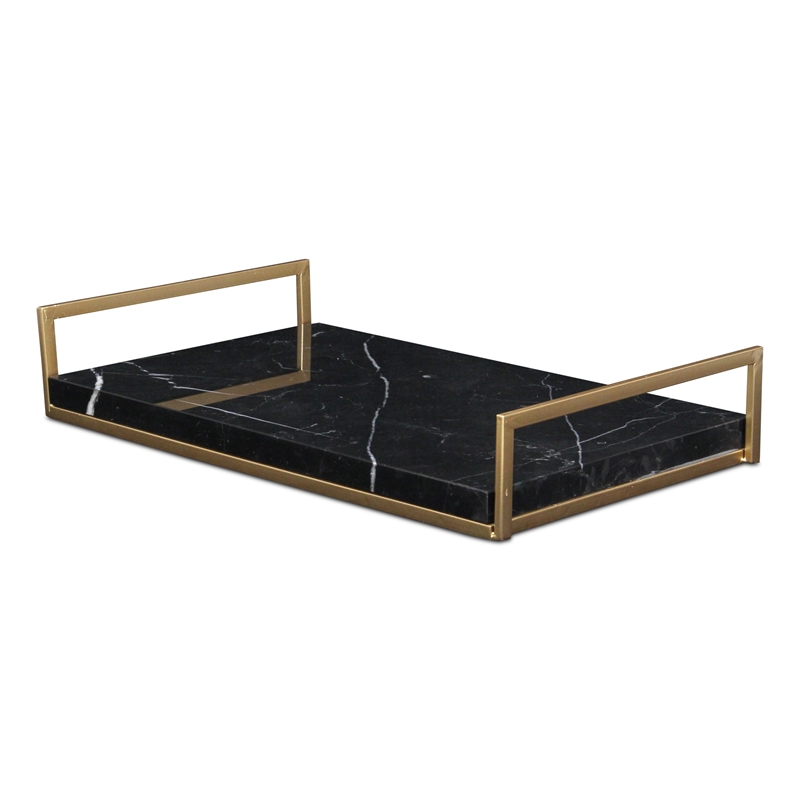 Pemberly Row Handcrafted Black Marble and Gold Metal Frame Tray
