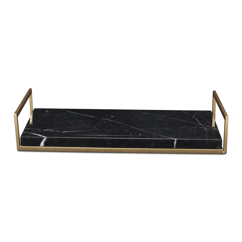 Pemberly Row Handcrafted Black Marble and Gold Metal Frame Tray