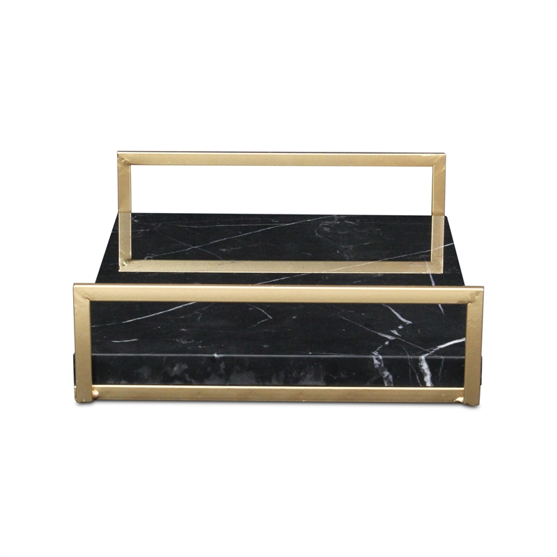 Pemberly Row Handcrafted Black Marble and Gold Metal Frame Tray