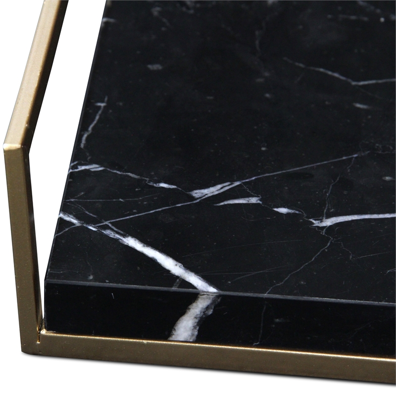 Pemberly Row Handcrafted Black Marble and Gold Metal Frame Tray