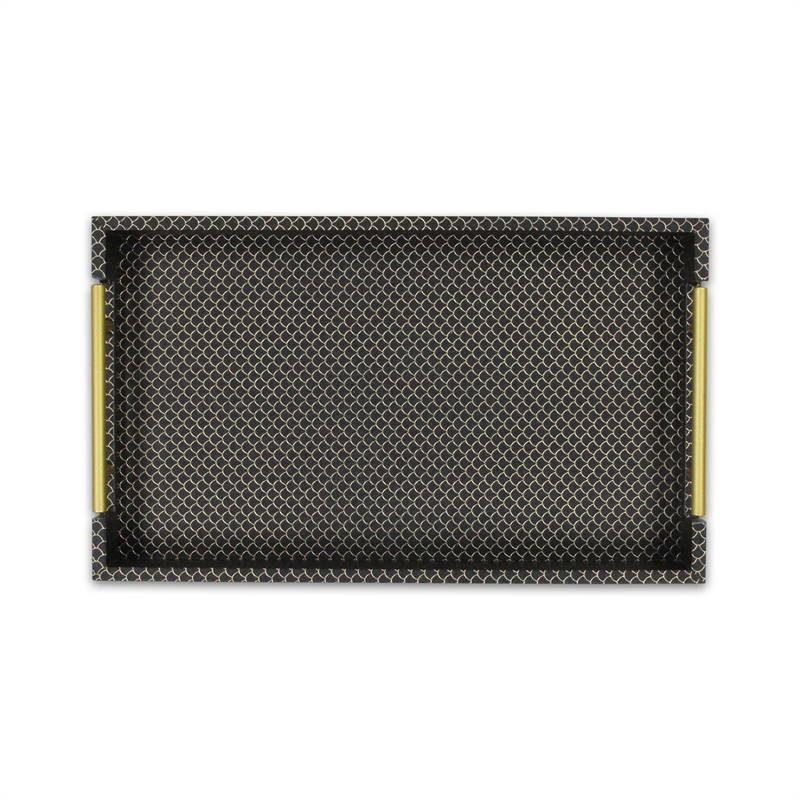 Pemberly Row Fish Scale Pattern Tray with Gold Handles in Black