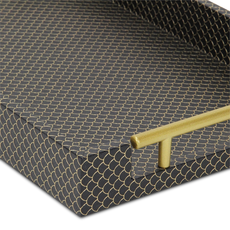 Pemberly Row Fish Scale Pattern Tray with Gold Handles in Black