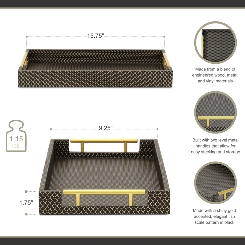 Pemberly Row Fish Scale Pattern Tray with Gold Handles in Black