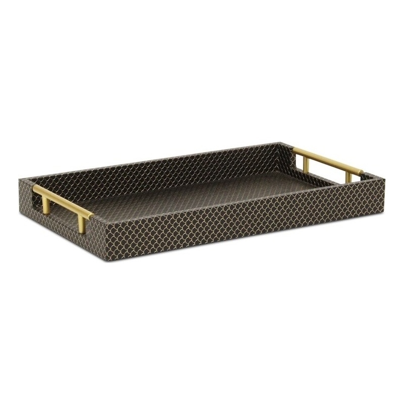Pemberly Row Fish Scale Pattern Tray with Gold Handles in Black