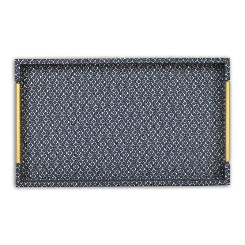 Pemberly Row Fish Scale Pattern Tray with Gold Handles in Navy Blue