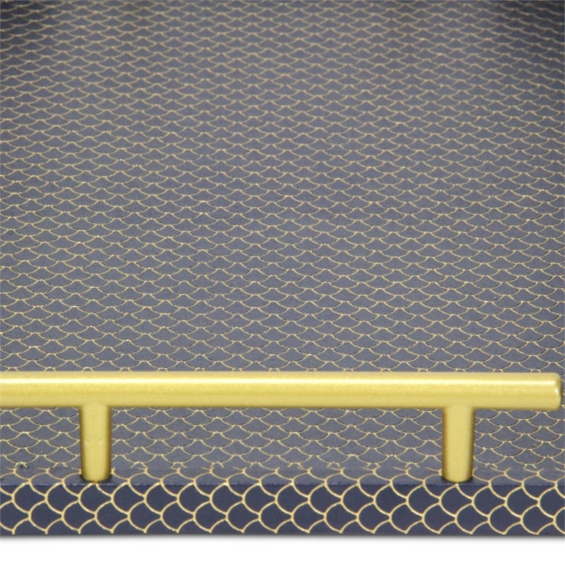 Pemberly Row Fish Scale Pattern Tray with Gold Handles in Navy Blue