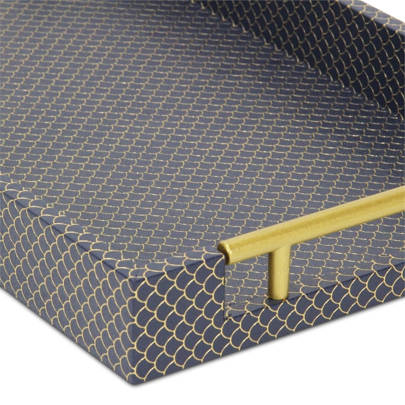 Pemberly Row Fish Scale Pattern Tray with Gold Handles in Navy Blue