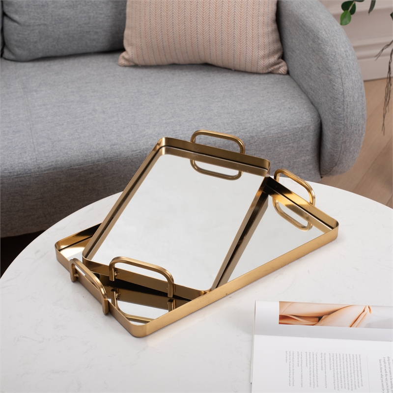 Pemberly Row Set of 2 Gold Metal Mirrored Trays with Side Handles