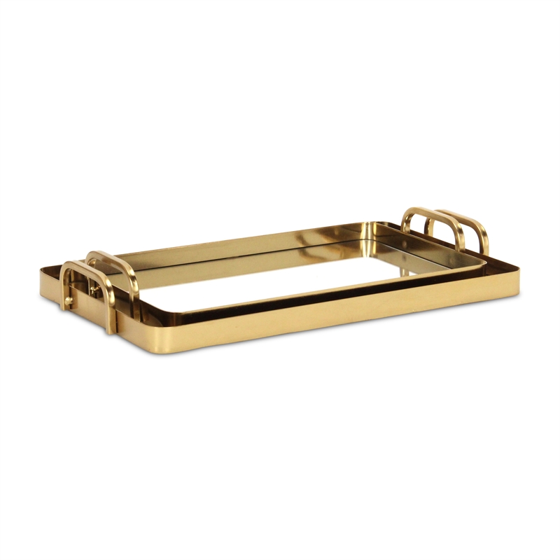 Pemberly Row Set of 2 Gold Metal Mirrored Trays with Side Handles
