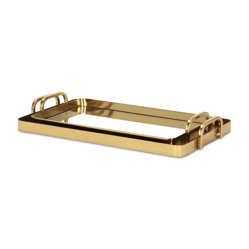 Pemberly Row Set of 2 Gold Metal Mirrored Trays with Side Handles