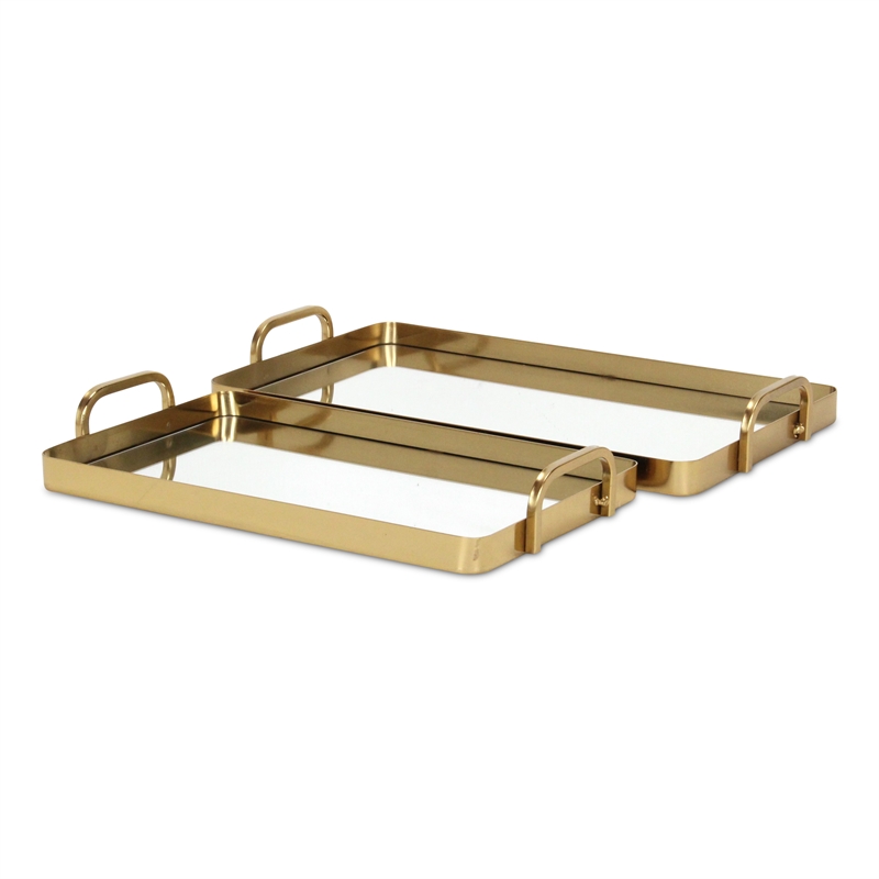 Pemberly Row Set of 2 Gold Metal Mirrored Trays with Side Handles