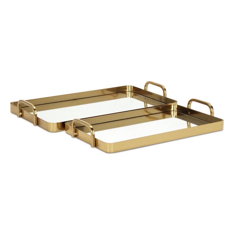 Pemberly Row Set of 2 Gold Metal Mirrored Trays with Side Handles