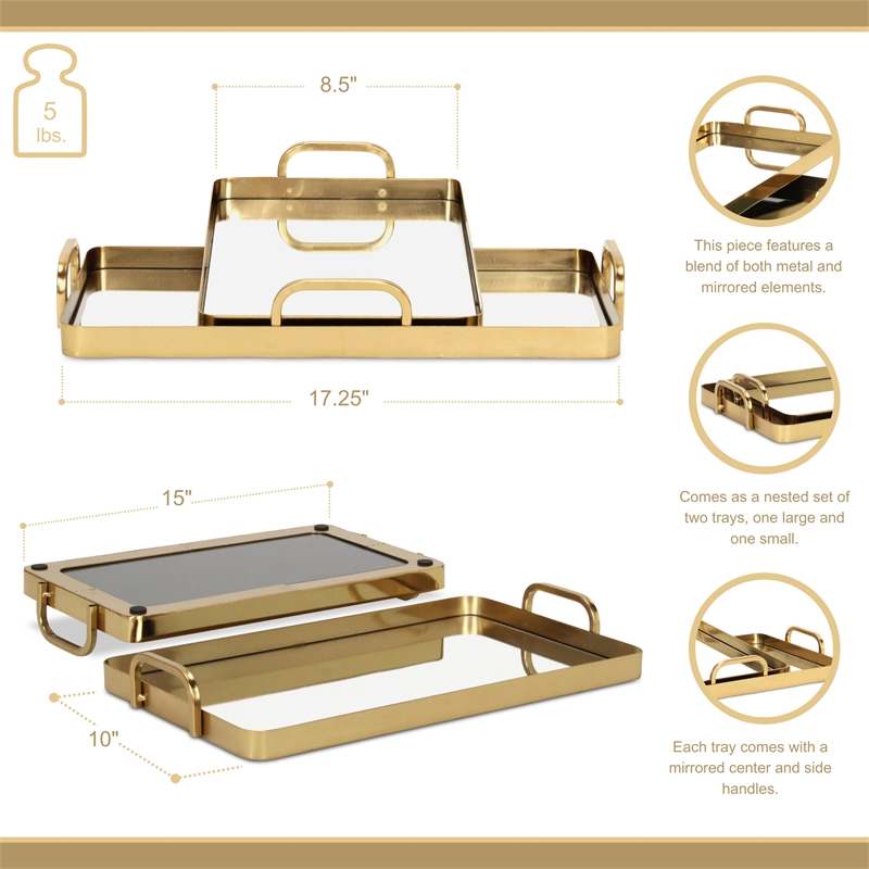 Pemberly Row Set of 2 Gold Metal Mirrored Trays with Side Handles
