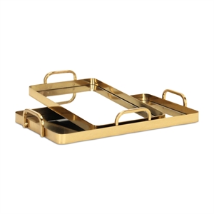 Pemberly Row Set of 2 Gold Metal Mirrored Trays with Side Handles