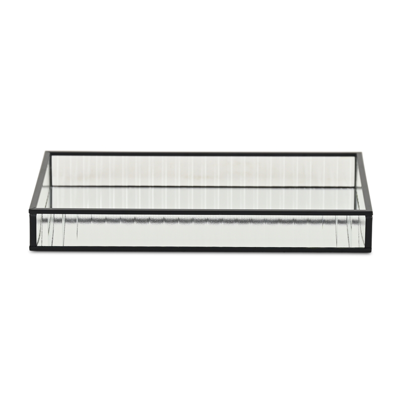 Pemberly Row Black Rectangular Fluted Glass Tray with Metal Base