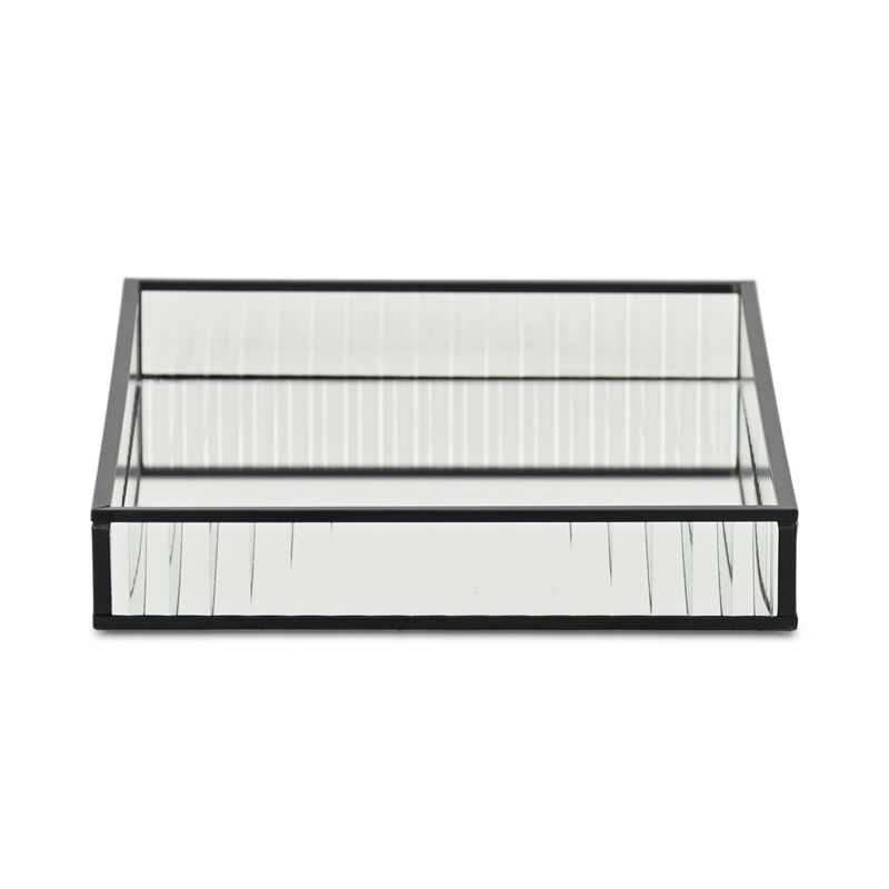 Pemberly Row Black Rectangular Fluted Glass Tray with Metal Base