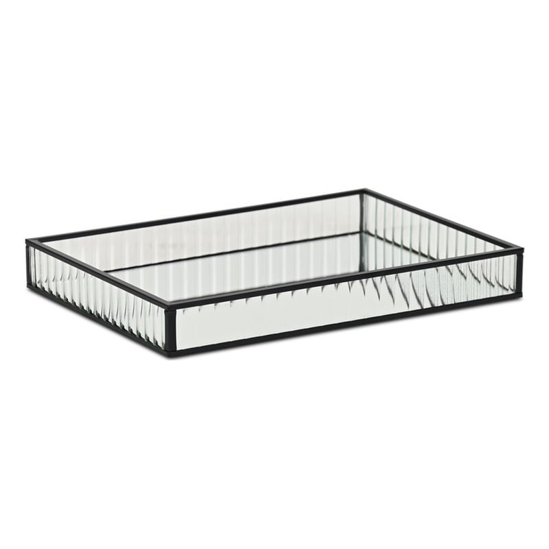 Pemberly Row Black Rectangular Fluted Glass Tray with Metal Base
