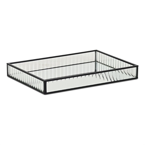 Pemberly Row Black Rectangular Fluted Glass Tray with Metal Base