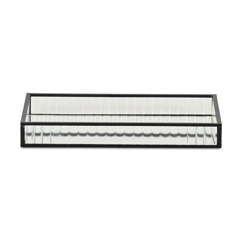 Pemberly Row Black Rectangular Fluted Glass Tray with Metal Base