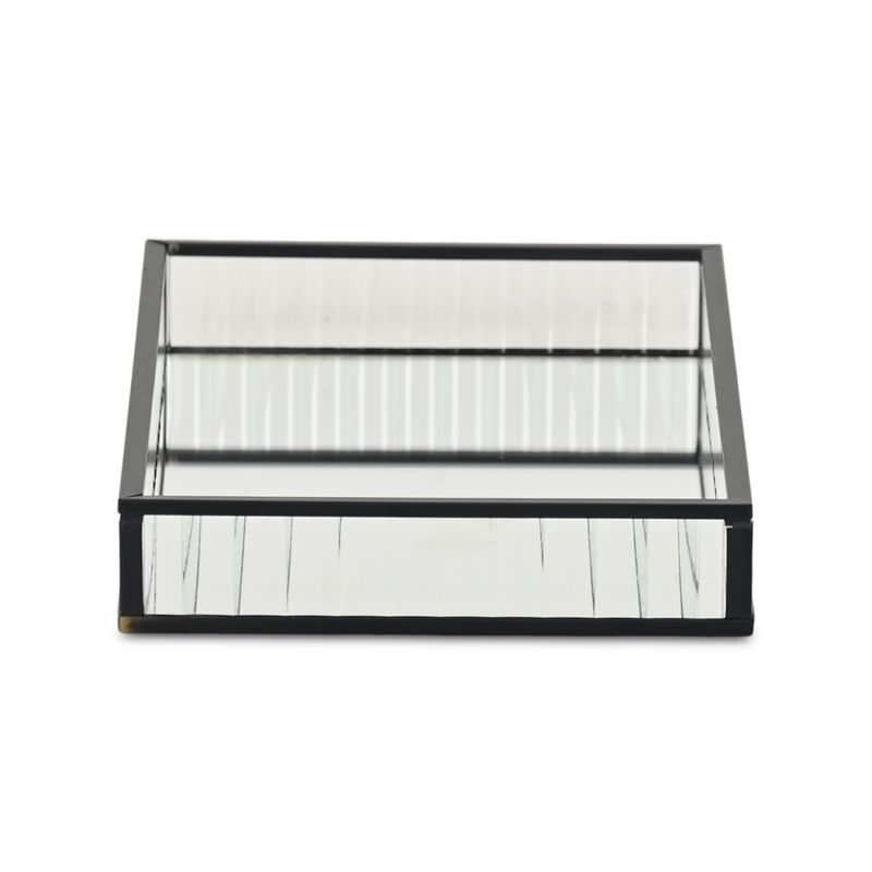 Pemberly Row Black Rectangular Fluted Glass Tray with Metal Base