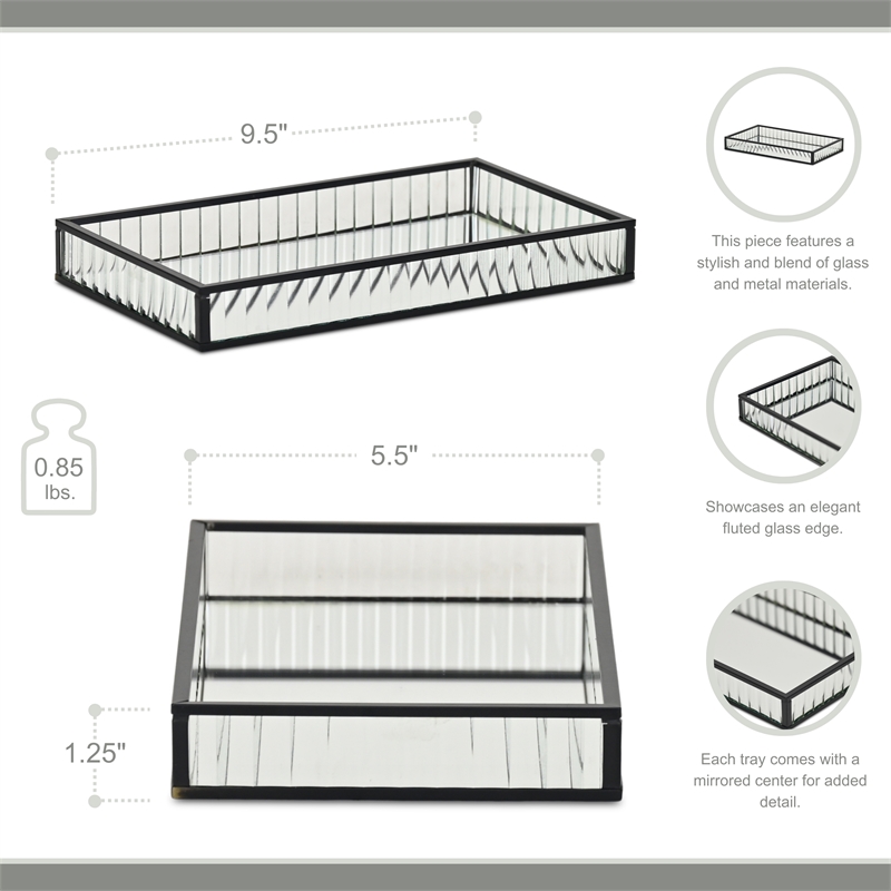 Pemberly Row Black Rectangular Fluted Glass Tray with Metal Base