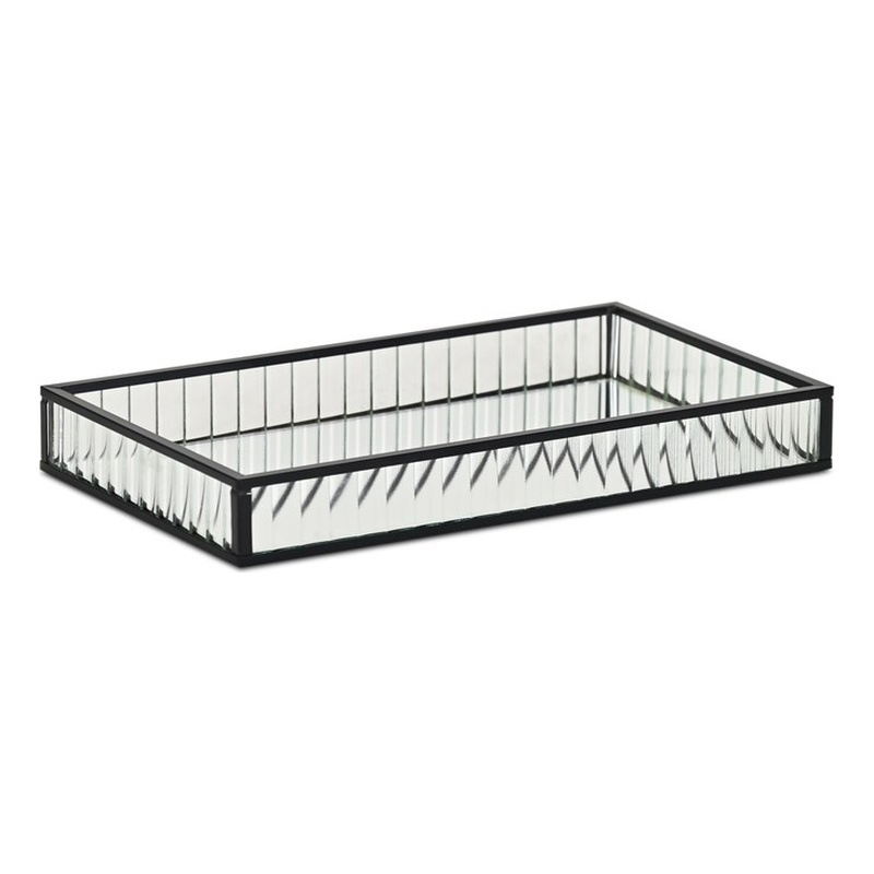 Pemberly Row Black Rectangular Fluted Glass Tray with Metal Base