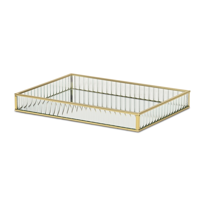 Pemberly Row Gold Rectangular Fluted Glass Tray with Metal Base