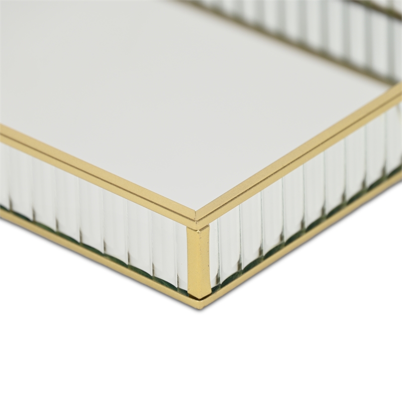 Pemberly Row Gold Rectangular Fluted Glass Tray with Metal Base