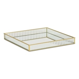 Pemberly Row 11.75&quot Gold Square Fluted Glass Tray with Metal Base