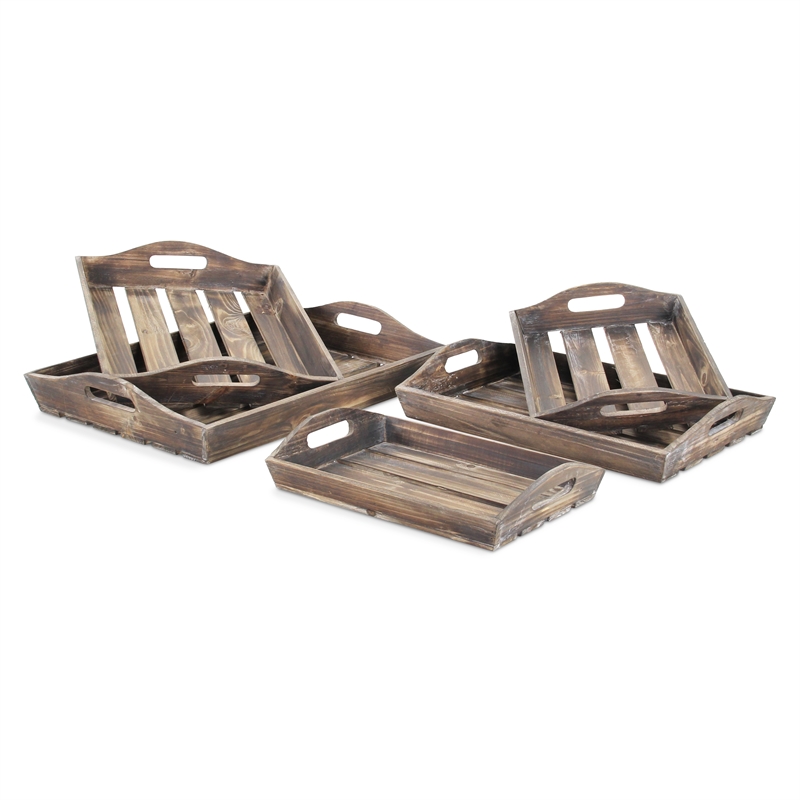 Pemberly Row Set of 5 Slatted Nesting Wood Trays with Side Handles